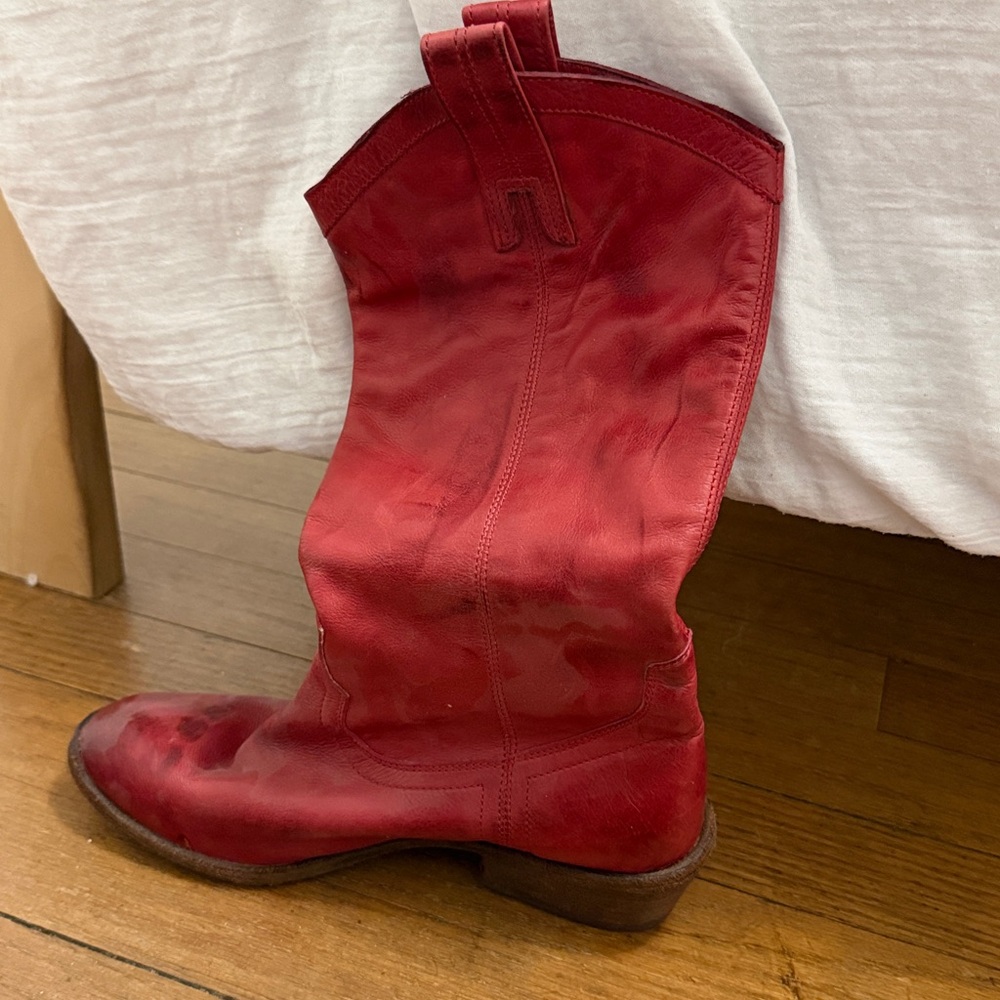 Red Leather Mid-Calf Women's Boots - Picture 3 of 4
